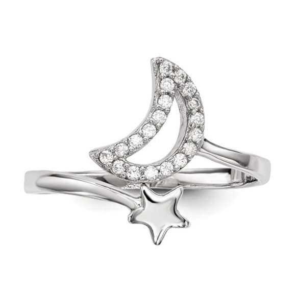 Sterling Silver CZ Moon and Star Ring - Picture 2 of 3